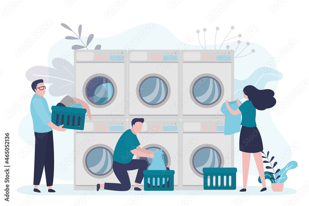 Girl takes out clean clothes from washer. Man hold basket with dirty things. People washes textiles in public laundry Girl takes out clean clothes from washer. Man hold basket with dirty things. People washes textiles in public laundry
