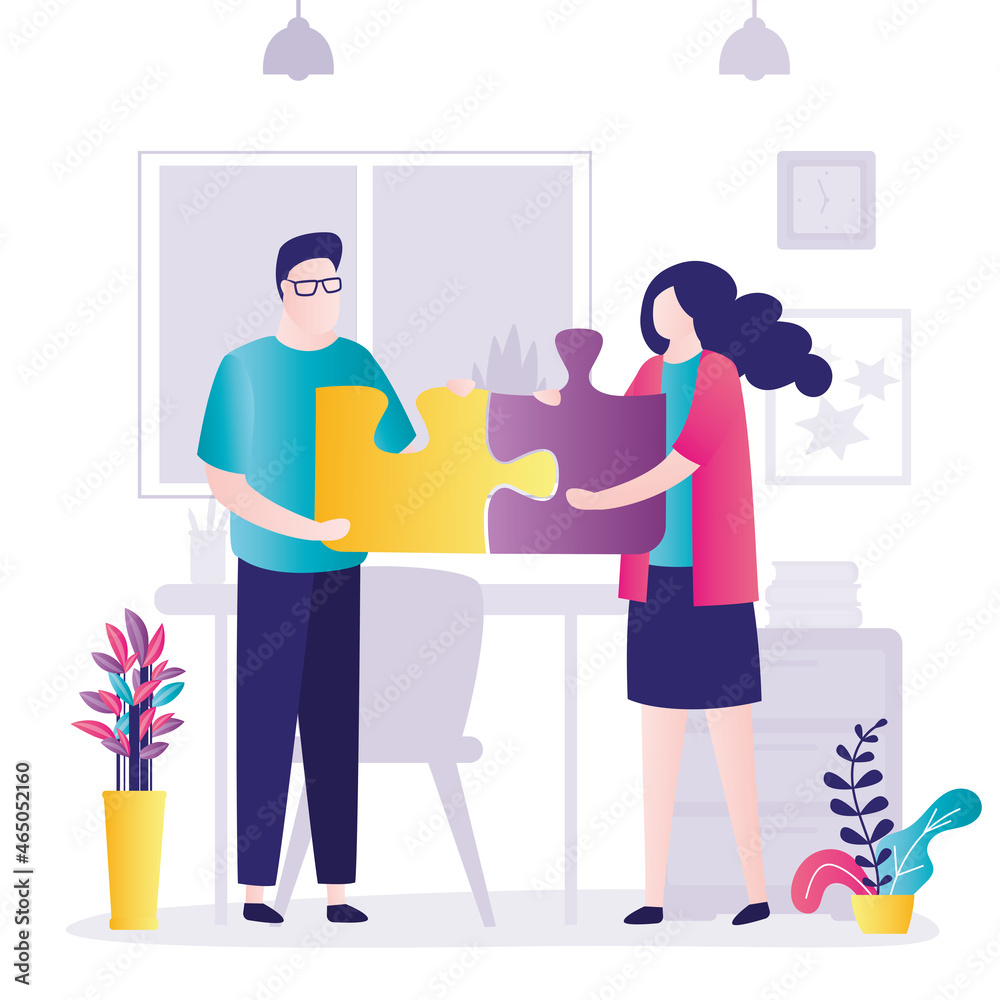 Man and woman work in pair. Office workers collect colorful puzzles. Concept of teamwork, partnership and collaboration