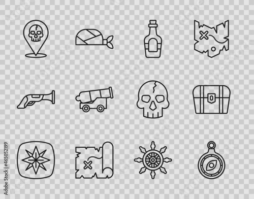 Set line Wind rose, Compass, Alcohol drink Rum, Pirate treasure map, Location pirate, Cannon, Ship steering wheel and Antique chest icon. Vector