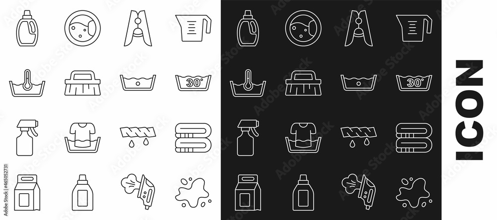 Set line Water spill, Towel stack, Temperature wash, Clothes pin, Brush for cleaning, Bottle agent and icon. Vector Set line Water spill, Towel stack, Temperature wash, Clothes pin, Brush for cleaning, Bottle agent and icon. Vector