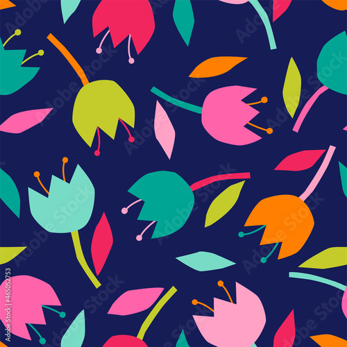 Colorful hand drawn tulip seamless pattern background.
