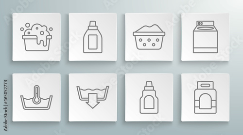 Set line Temperature wash, Bottle for cleaning agent, Washing modes, Laundry detergent, Basin with soap suds, Washer and icon. Vector