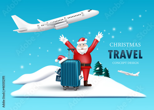 Santa Claus stood and waved to invite to go on a trip. There is a luggage bag in front. Passports, tickets and Santa hats are placed on the front. with a plane flying in the back for travel concept