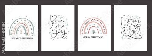 Merry Christmas card modern design with rainbow and snowflake hand drawn graphic. Season's greetings, Peace, love, joy, Merry & bright calligraphy phrases for a winter holiday decoration, wall art or 