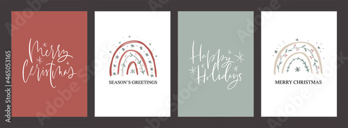 Minimalist Christmas card set. Modern botanical vector design in white, red and mint green colours. Winter holiday calligraphy greetings and hand drawn abstract graphic.