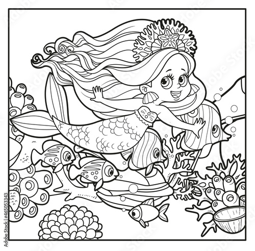 Cute little mermaid girl swimming with a flock of fish nearby outlined for coloring page on seabed with corals and algae background