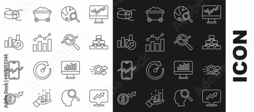 Set line Financial growth, Time management, Hierarchy organogram, Search globe, Pie chart infographic and data analysis icon. Vector