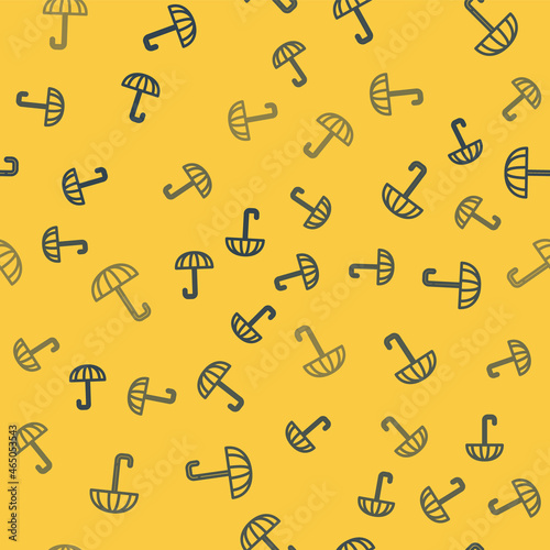 Blue line Classic elegant opened umbrella icon isolated seamless pattern on yellow background. Rain protection symbol. Vector