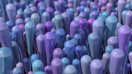 Group of abstract blue and purple glossy shapes. 3d render, close-up.