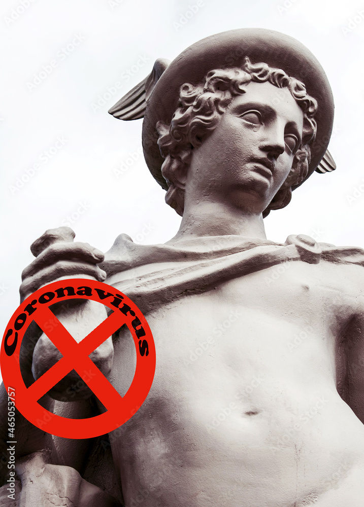 fragment of ancient statue of god Hermes (Mercury), personification of success, prosperity, patron saint of business, traders, commerce, merchants, entrepreneurs and travelers. Messenger of gods.