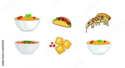 Vector Set of Italian Coisin Dishes Colorful Icons, Colored Illustrations, Handdrawn Food, Italian Cuisine.