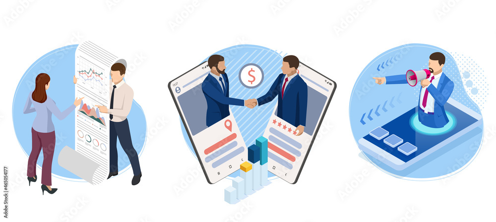 Isometric Successful business collaboration. B2B. Data and key performance indicators for business intelligence analytics. Businessmen shaking hands Isometric Successful business collaboration. B2B. Data and key performance indicators for business intelligence analytics. Businessmen shaking hands