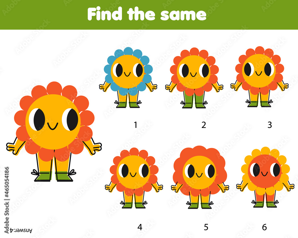 Children educational game. Find two same pictures of cute flower Children educational game. Find two same pictures of cute flower