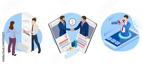 Isometric Successful business collaboration. B2B. Data and key performance indicators for business intelligence analytics. Businessmen shaking hands