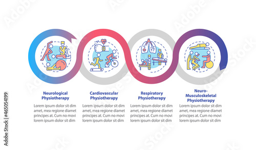 Physical therapy types vector infographic template. Treatment presentation outline design elements. Data visualization with 4 steps. Process timeline info chart. Workflow layout with line icons