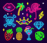 Set of fashion neon sign. Night bright signboard, Glowing light banner. Neon isolated icon, emblem. Patch badges and pins with cartoon characters, food and things.