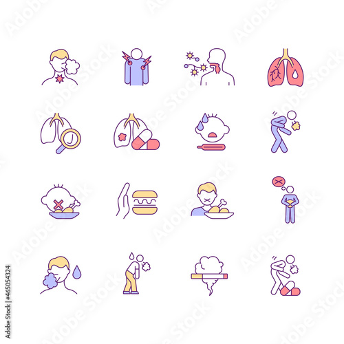 Lung infection symptoms RGB color icons set. Pulmonary inflammation. Pneumonia diagnosis. Tuberculosis signs. Contagious disease. Isolated vector illustrations. Simple filled line drawings collection