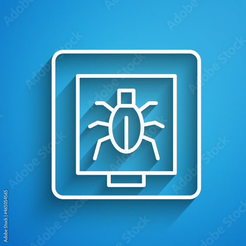 White line Insects in a frame icon isolated on blue background. Herbarium. Long shadow. Vector