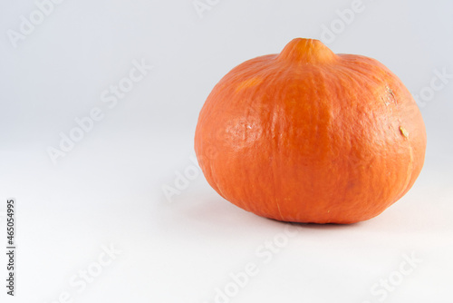 A bright orange Uchiki Kuri pumpkin (Cucurbita maxima), isolated against a white background photo