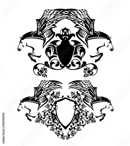 pair of flying pegasus horses with heraldry shield among rose flowers - black and white animals with heraldic vector design elements