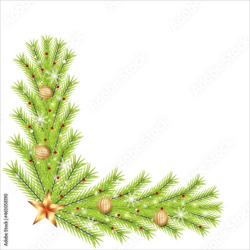 Christmas corner with golden balls and snowflakes. Xmas corner with red holly berries, golden stars. Christmas corner, Christmas element, green pine leaves, holly berries, star lights, Xmas ball.