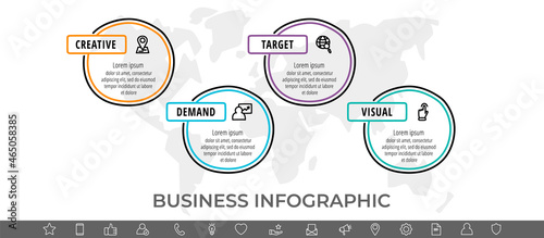Vector color hand-drawn flow chart infographics with icons. Circles business concept with four steps by step