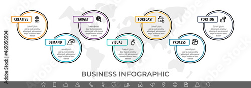 Vector minimal line infographics with circles. Hand-drawn business timeline 7 steps by step. Flat template with seven ways for chart, diagram, flowchart, app