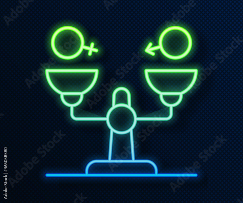 Glowing neon line Gender equality icon isolated on blue background. Equal pay and opportunity business concept. Vector