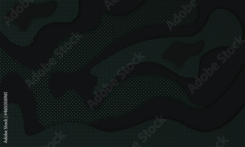  Black paper cut background. Abstract realistic papercut decoration textured with wavy layers and golden halftone effect pattern. 3d topography relief. Vector illustration. Cover layout template.