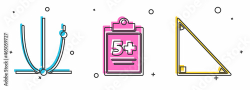 Set Graph, schedule, chart, diagram, Test or exam sheet and Triangle math icon. Vector