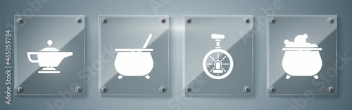 Set Witch cauldron, Unicycle or one wheel bicycle, Witch cauldron and Magic lamp or Aladdin. Square glass panels. Vector