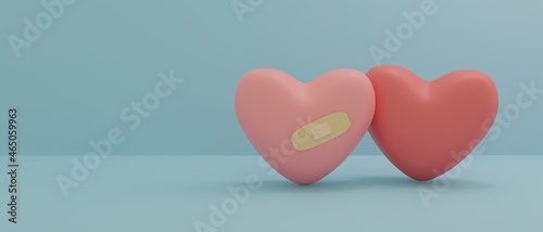 Photos 3Dレンダリング／3Dイラスト）傷ついたハートに絆創膏　メンタル　ケア　寄り添う　横長のバナー