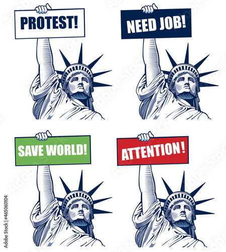 liberty statue holding text panel with important notice