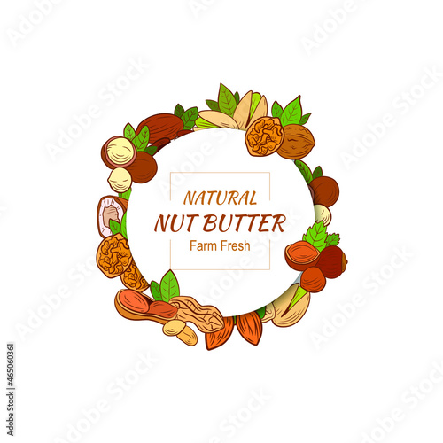 Vector Circle Label, White Round Frame, Nut Mix, Hand Drawn Nuts, Different Nuts, Natural Product.