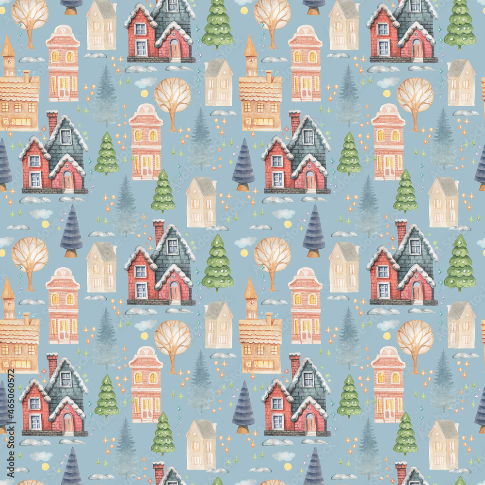 
Small houses christmas village holidays new year winter trees patern seamless watercolor hand-drawn. Vacation snow print textile cute plot children's fairy tale