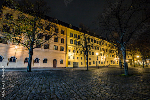 Stockholm  Sweden  Old buildings on the island of Riddarholmen at night.