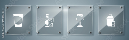 Set Cocktail shaker, Wine glass, Beer bottle and and Shot. Square glass panels. Vector