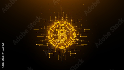Golden Bitcoin polygonal vector illustration on a dark background. Cryptocurrency low poly design