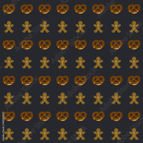 Nice Alsacien food pattern, with bretzel (pretzel) and manele (gingerbread man).
Striped tasty texture on a black background.