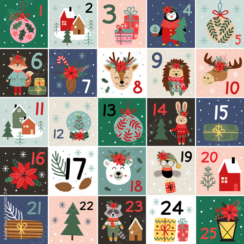 Christmas Advent calendar with animals and other elements