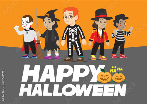 happy halloween kids costume characters with dracula witch skeleton ringmaster and mime for event purpose
