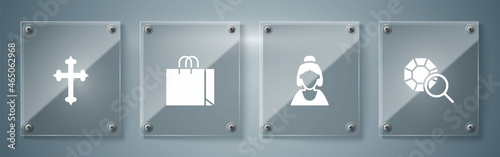 Set Gem stone, Consultant of jewelry store, Shopping bag and Christian cross. Square glass panels. Vector