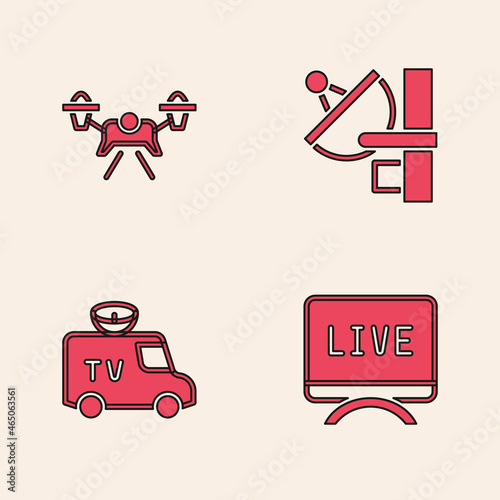 Set Live report, Drone, Radar and TV News car icon. Vector
