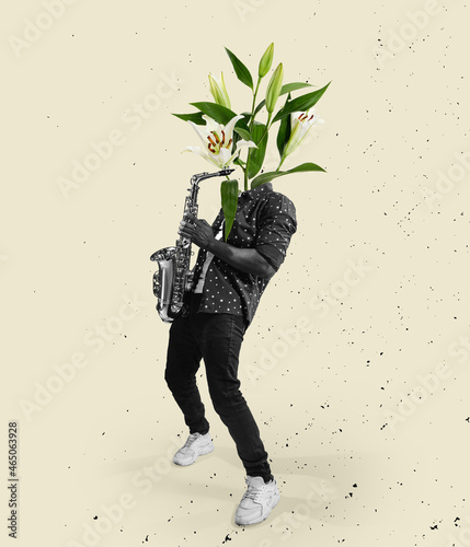 Contemporary art collage, modern design. Retro style. Young man, musician headed by blooming flowers. Surrealism