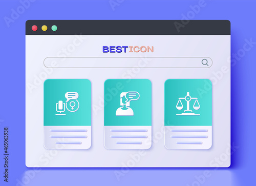 Set Female opinion, Microphone and Gender equality icon. Vector