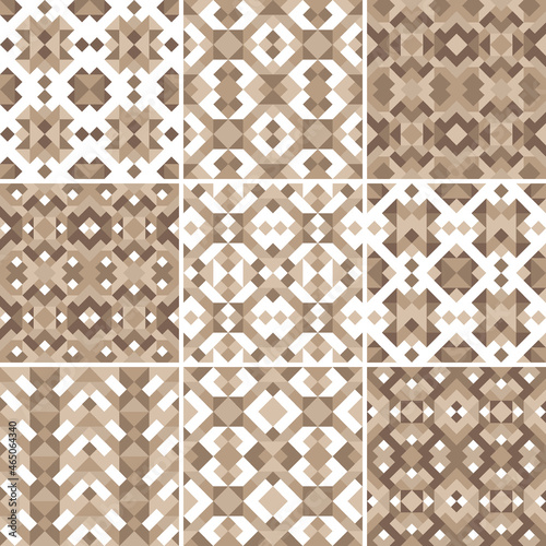 Collection of nine vector seamless geometrical patterns in brown color. Set of endless backgrounds of triangles and squares. Decorative abstract texture for parquet design, textile, pack paper and web