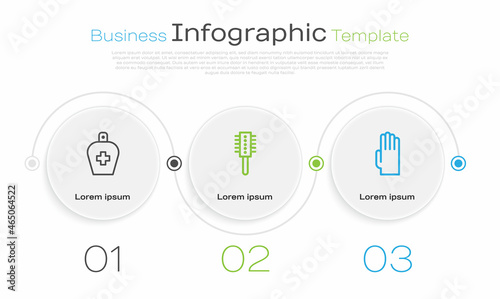 Set line Bottle of liquid antibacterial soap, Hairbrush and Rubber gloves. Business infographic template. Vector
