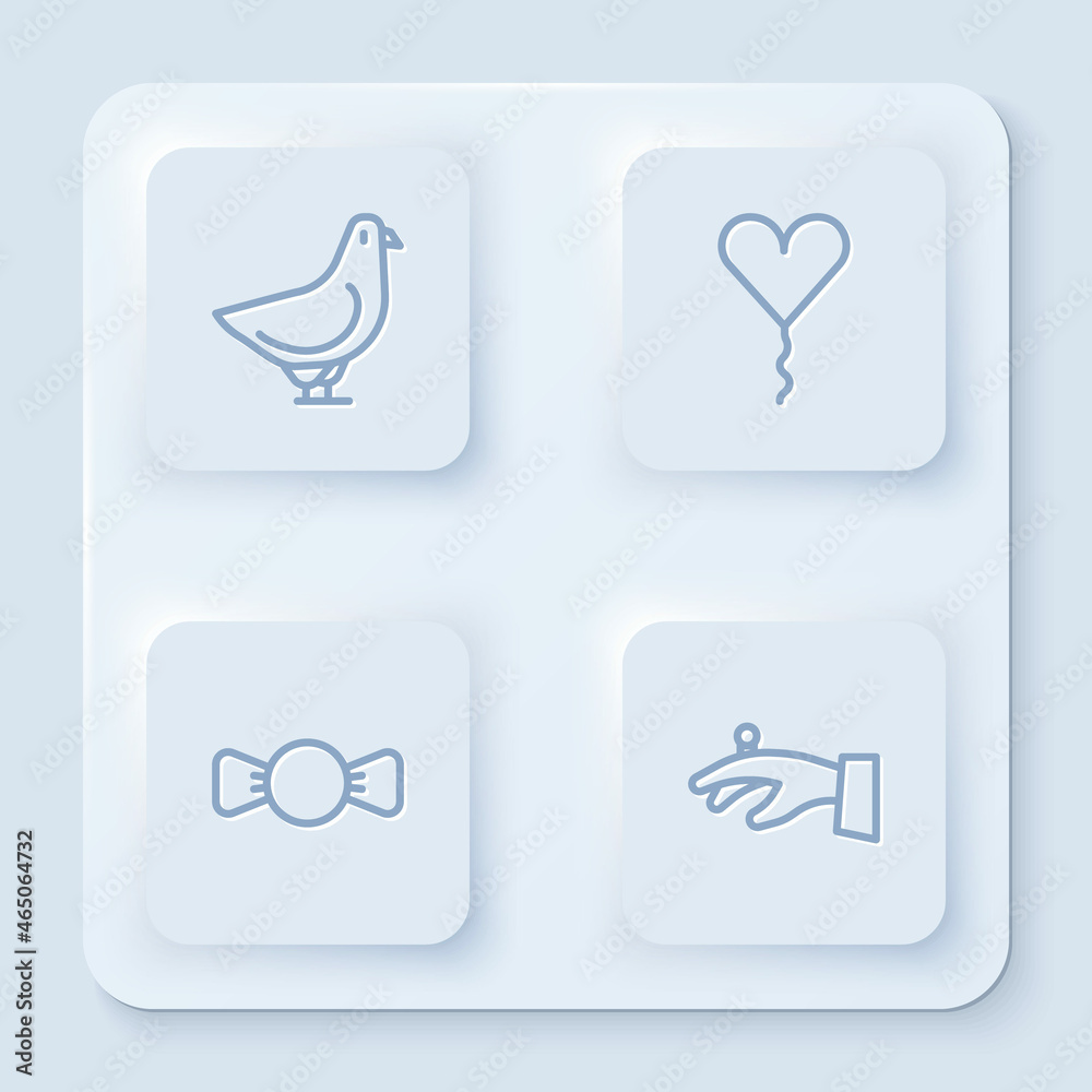 Set line Dove, Balloon in form of heart, Bow tie and Wedding rings hand. White square button. Vector