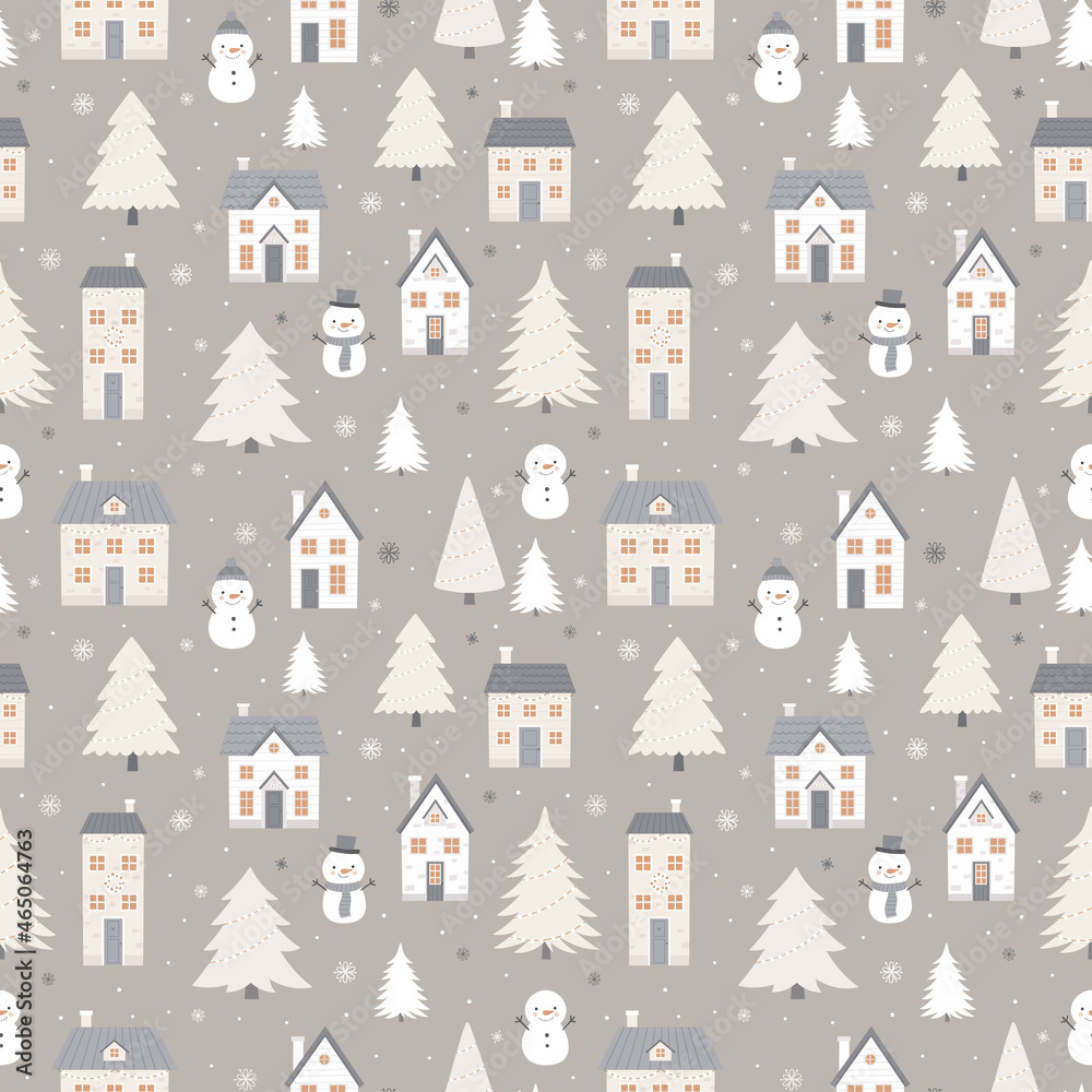 Seamless winter pattern with houses, snowmen and fir trees.