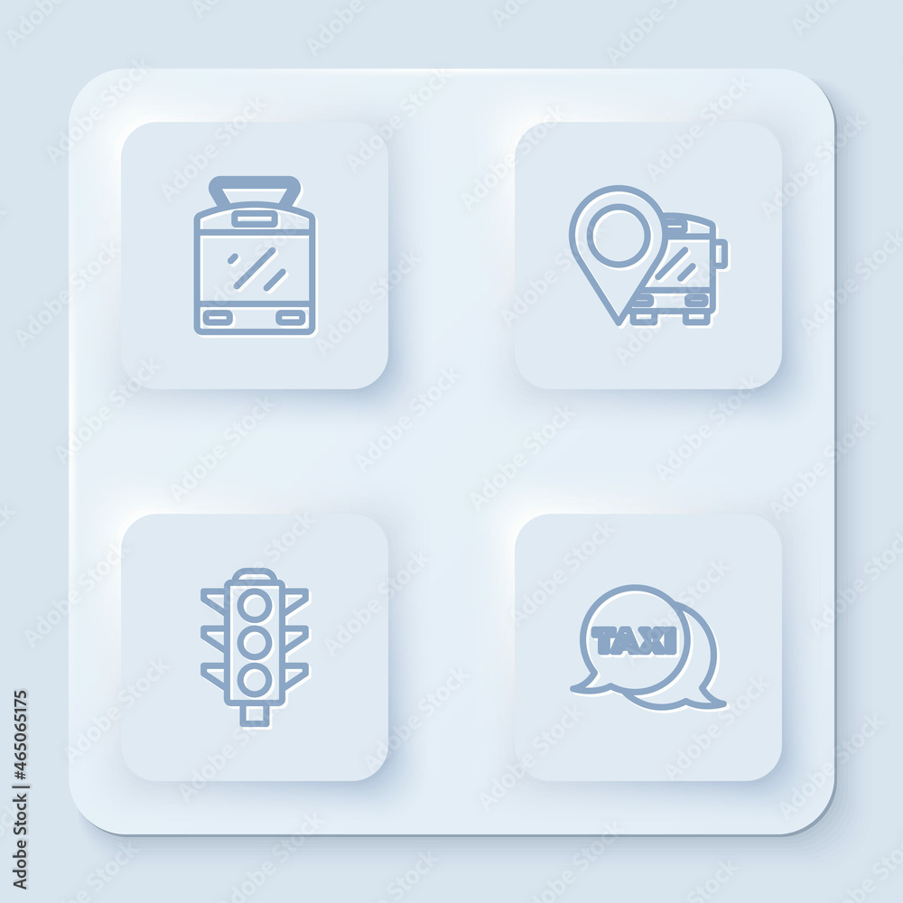 Set line Tram and railway, Location with bus, Traffic light and Taxi call telephone service. White square button. Vector Set line Tram and railway, Location with bus, Traffic light and Taxi call telephone service. White square button. Vector